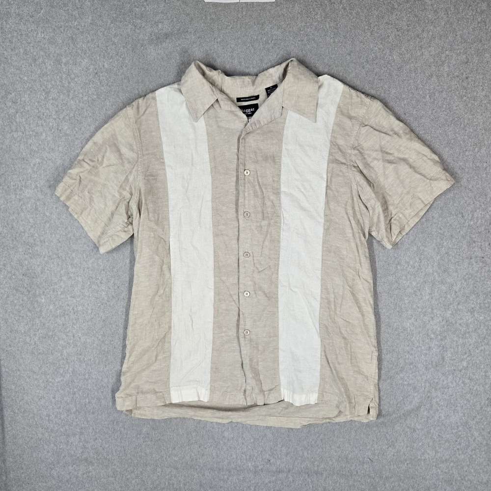 Haggar Men Button Up Shirt XL Beige Linen Rayon Casual Shirt Striped Washable